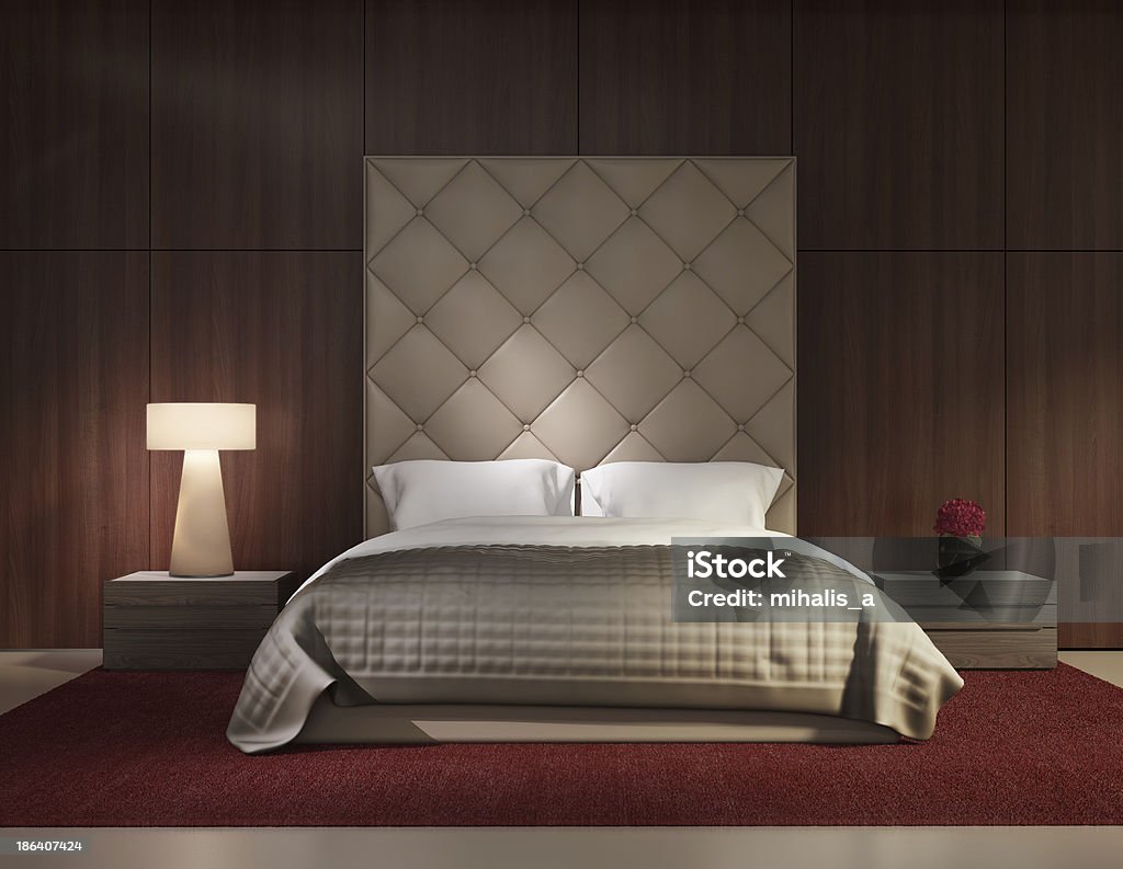 Minimal contemporary bedroom luxury interior Minimal contemporary bedroom luxury interior with red rug Bed - Furniture Stock Photo