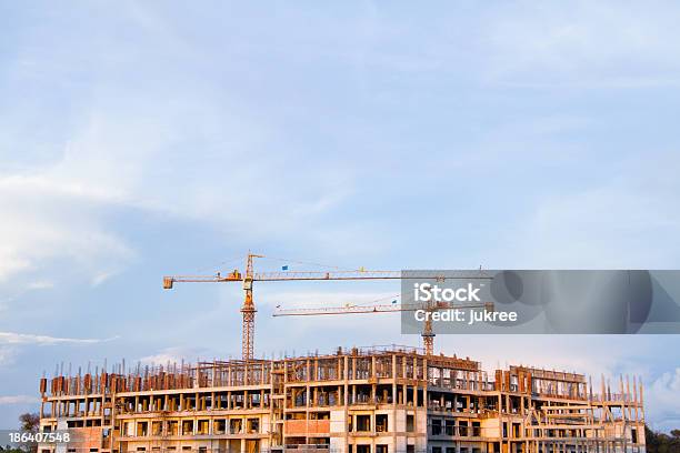 Crane On Construction Site At Thailand Stock Photo - Download Image Now - Architecture, Backgrounds, Blue