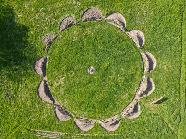 istock Aerial view looking down at a landscaped circular shape in a field 1864087300