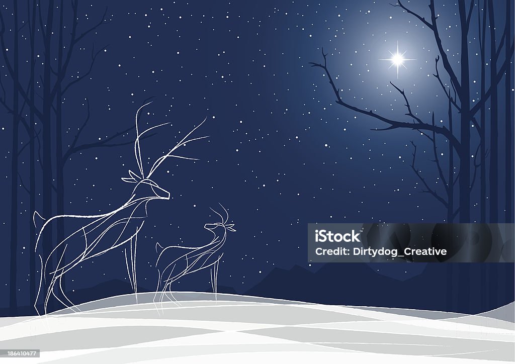 Stylized Reindeer family in the snow with North Star Reindeer night Christmas Card stock vector