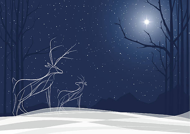 Stylized Reindeer family in the snow with North Star vector art illustration