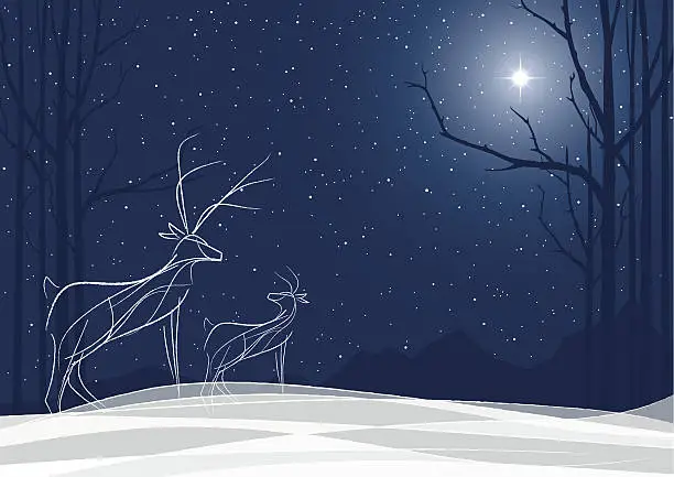 Vector illustration of Stylized Reindeer family in the snow with North Star