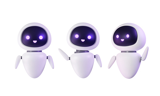 Neural cute mascot in various pose, robot waving hand. Smart robotic character. Isolated vector illustration. Help assistance, artificial intelligence support device.