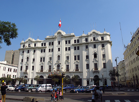 Lima / Peru - 30 Apr 2011: The flag on Plaza de Armas, Plaza Mayor, Lima city, Peru, South America
