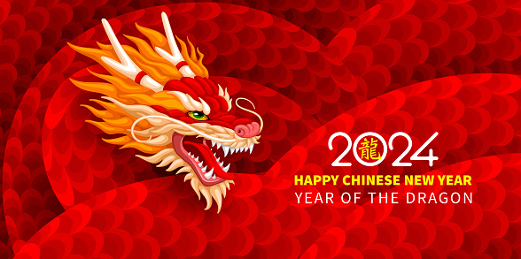 Chinese New Year 2024, Year of the Dragon. Advertising banner or poster template with roaring Dragon, numbers 2024 and text. Red, gold and orange colors. Vector illustration
