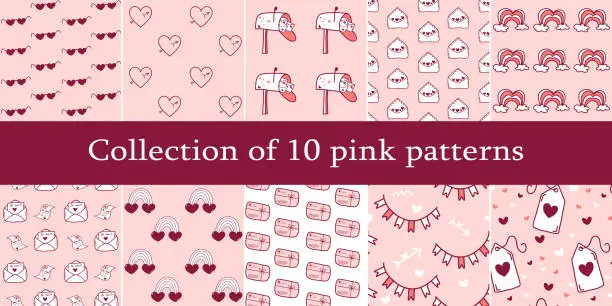 Vector illustration of Set of Pink Seamless Patterns for Wedding, Date, Valentine's Day