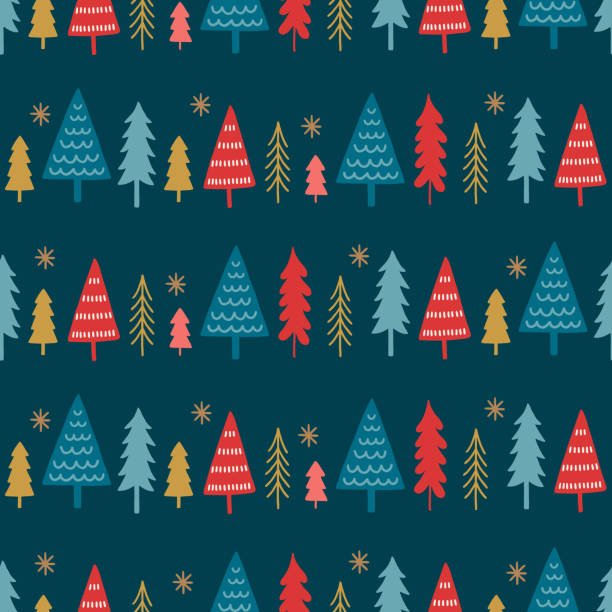 ilustrações de stock, clip art, desenhos animados e ícones de christmas seamless pattern with colorful fir trees and snowflakes - new years eve christmas paper christmas fir tree