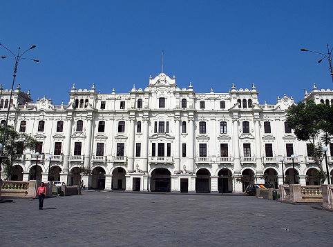 Lima / Peru - 30 Apr 2011: The vintage palace on Plaza de Armas, Plaza Mayor, Lima city, Peru, South America