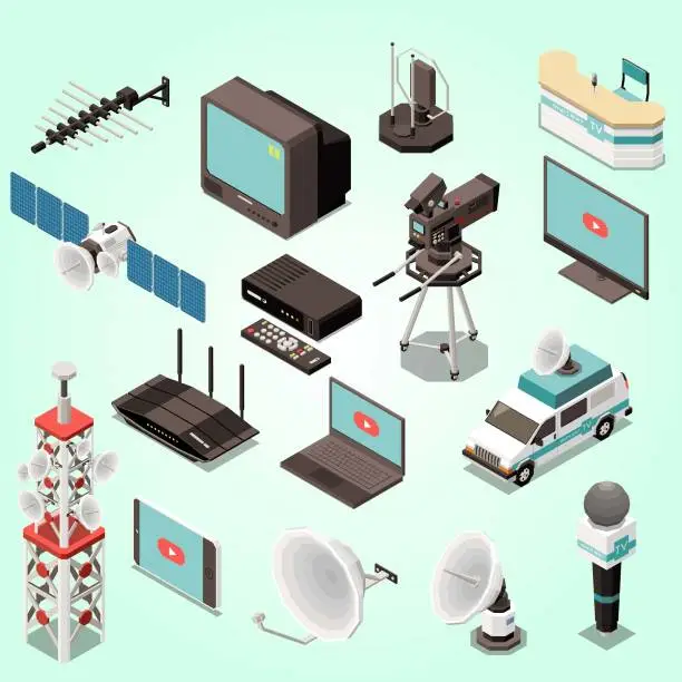Vector illustration of isometric set icons with various telecommunication equipment devices isolated