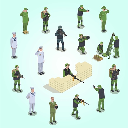 army soldier people isometric set isolated icons human characters armed people uniform vector illustration
