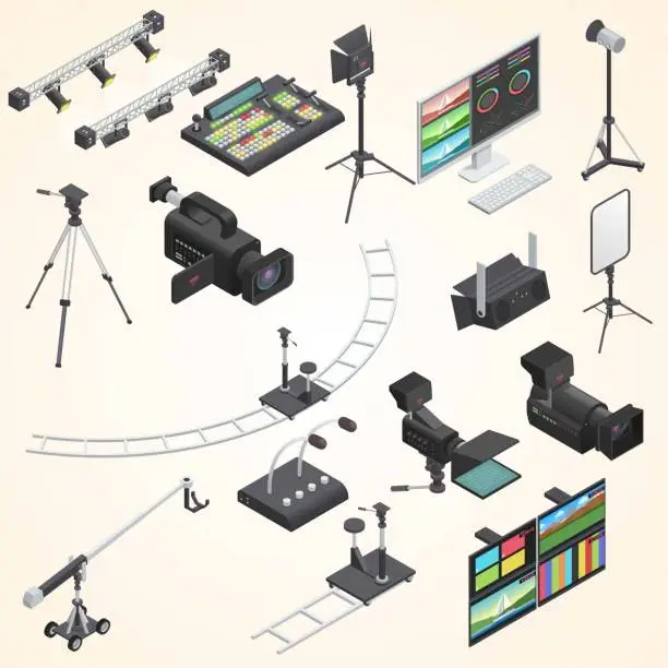 Vector illustration of set sixteen isolated video television broadcast studio equipment isometric icons including camera