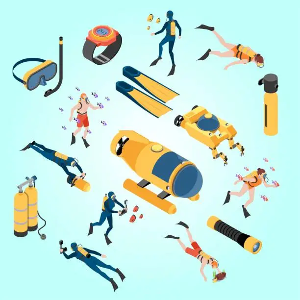 Vector illustration of set isometric icons human characters with scuba diving equipment isolated vector illustration 3d