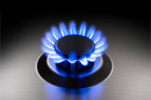 A close-up image of a gas stove burner, featuring bright blue flames encircling the burner, creating a vibrant display of heat and power.