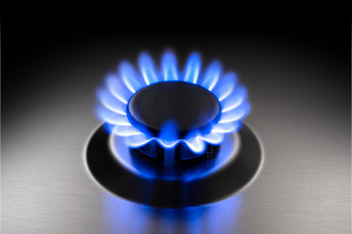 Range burner of a natural gas home stove surrounded by a blue flame.