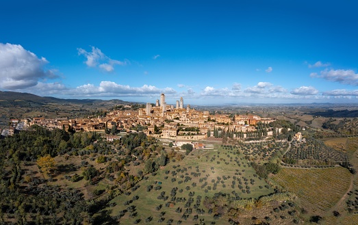 a drone panorama view of the Italian hill town of San Gimignano in Tuscany
