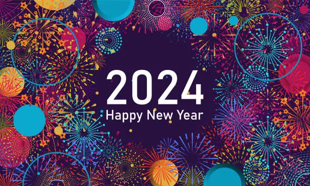 Vector illustration of Colorful fireworks 2024 New Year background and text Happy New Year design in the night sky. Simple pattern design template. vector design.