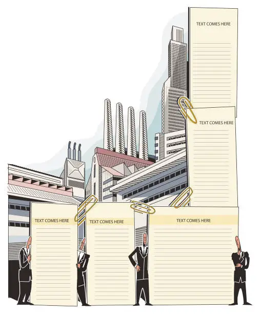 Vector illustration of notice boards businessmen factories companies buildings economic indicators