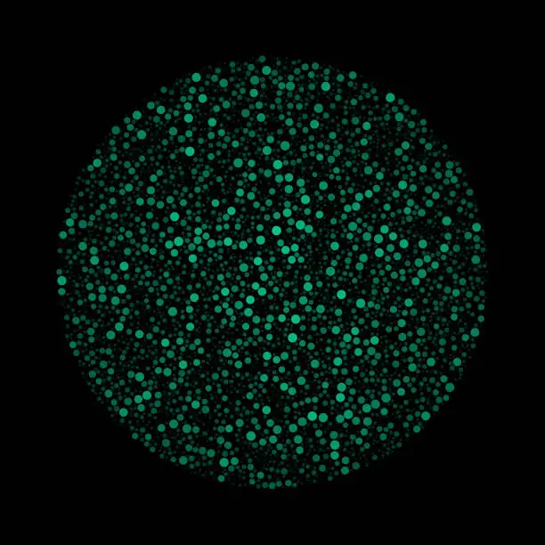 Vector illustration of A digital graphic of a green - turquoise dotted sphere on black background.