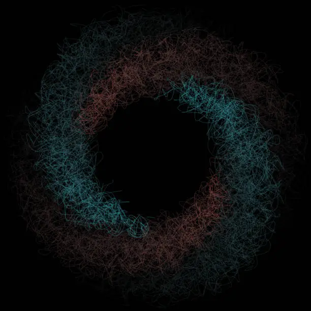 Vector illustration of Abstract circular tangled lines pattern on a black background.