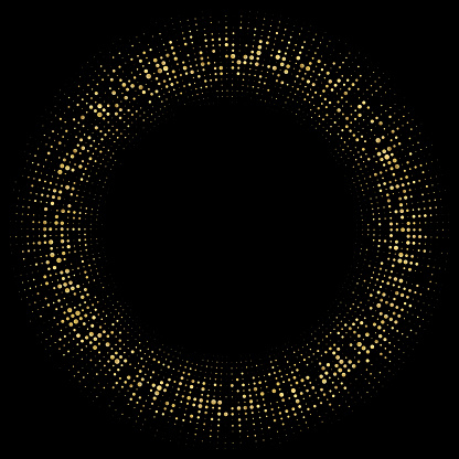A graphic representation of a circle composed of numerous golden dots of varying sizes on a dark background.
