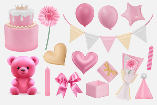 Set of 3d element for celebration, party, greeting and decoration. Pink and gold color scheme vector Set of 3d element for celebration, party, greeting and decoration. Pink and gold color scheme vector. pink teddy bear stock illustrations