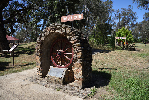 Jindera, New South Wales, Australia - 17 Dec 2023 - Pioneer Park Jindera stands the Pioneer Cairn, a monument to the original settlers of the area and their journey to Jindera.