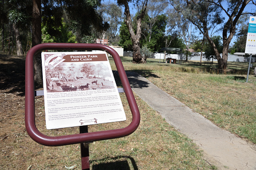 Jindera, New South Wales, Australia - 17 Dec 2023 - Jindera, New South Wales, Australia - 17 Dec 2023 - Information signboard for touristPioneer Park Jindera stands the Pioneer Cairn.