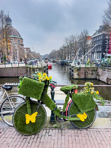 A bicycle decorated with artificial green grass, yellow flowers and butterflies is leaning on a bridge that is winding on a water canal in the city of Haarlem, Holland, on a cold and grey winter day. Travel destination and transport background, copy space.