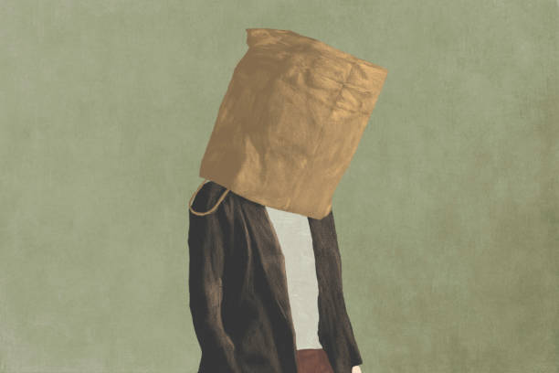 Illustration of blind man with paperboy over head, surreal minimal portrait Illustration of man walking with paper bag over head, black and white minimal concept hypocrisy stock illustrations
