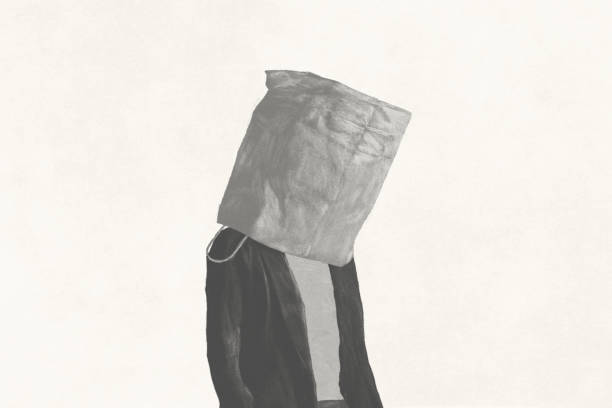 Illustration of man walking with paper bag over head, black and white minimal concept Illustration of blind man with paperboy over head, surreal minimal portrait hypocrisy stock illustrations