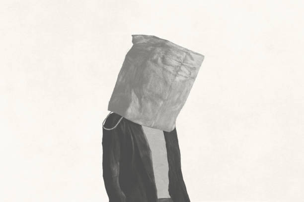 Illustration of man walking with paper bag over head, black and white minimal concept Illustration of blind man with paperboy over head, surreal minimal portrait anonymous businessman with paper bag on his head stock illustrations