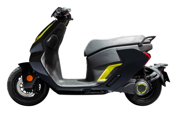 istock Side view black electric motorcycle isolated on white background with clipping path 1864237344