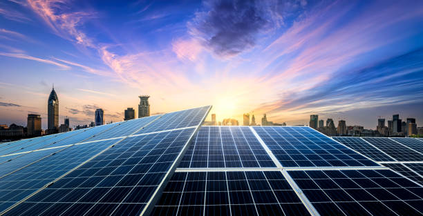 istock Solar panels and city skyline in Shanghai 1864246865