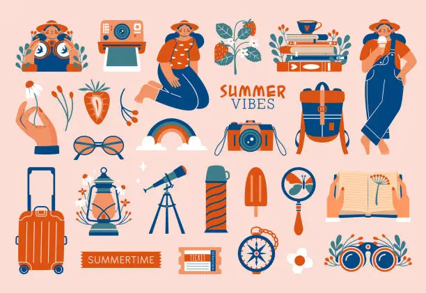 Vector illustration of Summer adventure set clip arts. Cute vector illustrations about summertime, travels with girl in hat, polaroid, camera, suitcase, rainbow, backpack, hand holding flower, ice cream, books. For stickers