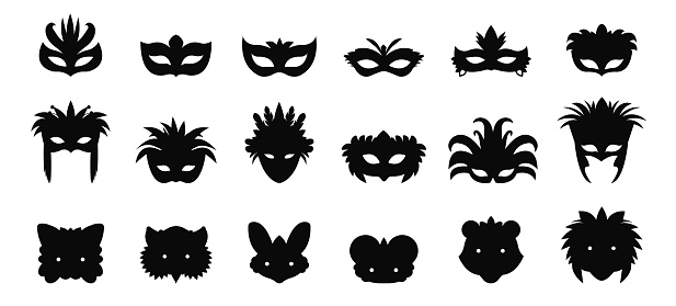 Black masks silhouettes. Isolated mask icons set, masquerade accessories. Brazilian or venetian carnival, festival symbols, decent vector set of mask silhouette face illustration