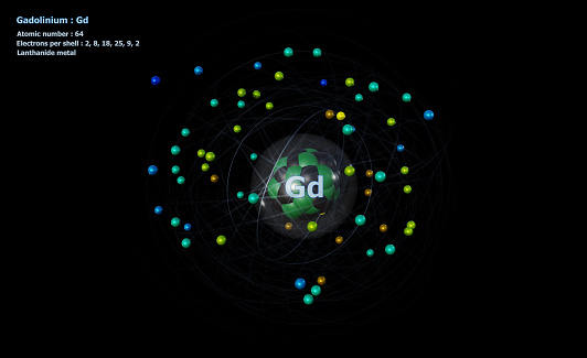 Atom of Gadolinium with Core and 64 Electrons with a black background