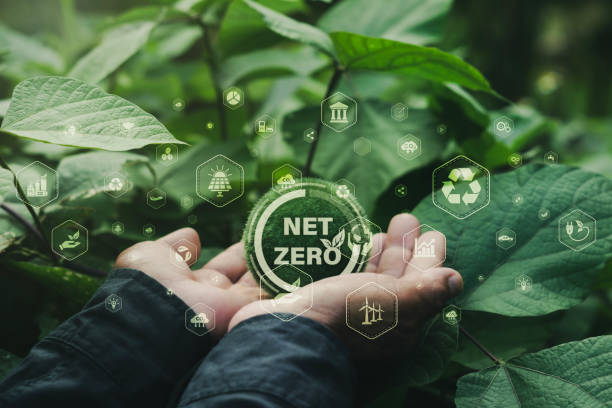 istock Earth protection hand with word Net Zero with icon against green leaf background, concept of net zero greenhouse gas emissions goal by 2050 and long term climate neutral strategy. 1864277561