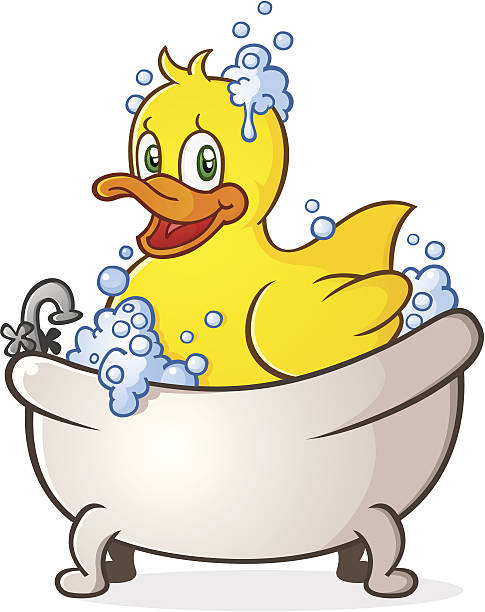 illustrazioni stock, clip art, cartoni animati e icone di tendenza di anatra di gomma in bagno di bolle fumetto carattere - rubber duck rubber toy yellow