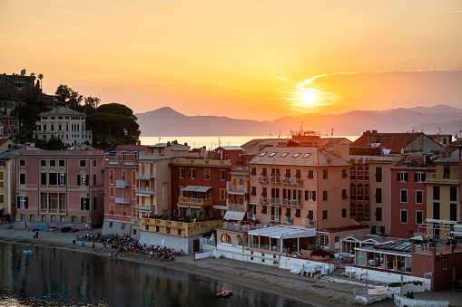 Bay of Silence in Sestri Levante at sunset in summer.