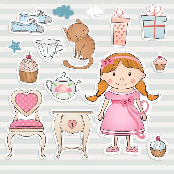 Vector illustration of Birthday set with little girl.