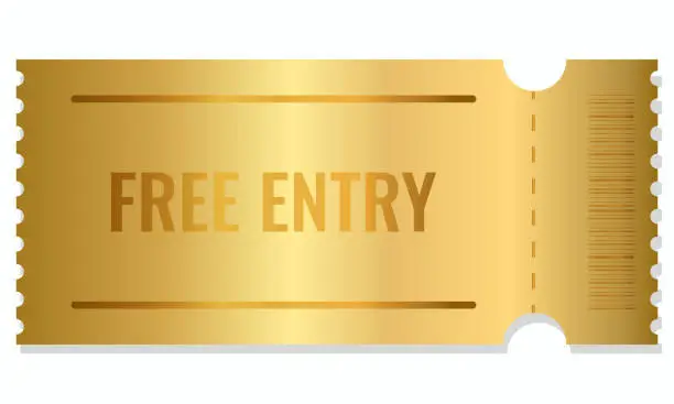 Vector illustration of blank golden ticket FREE ENTRY. Golden coupon sticker template. Vector illustration.
