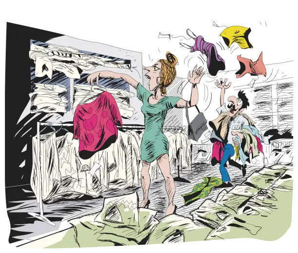 Vector illustration of a female customer in a clothing store who scatters clothes and the clerk who tries to pick her up