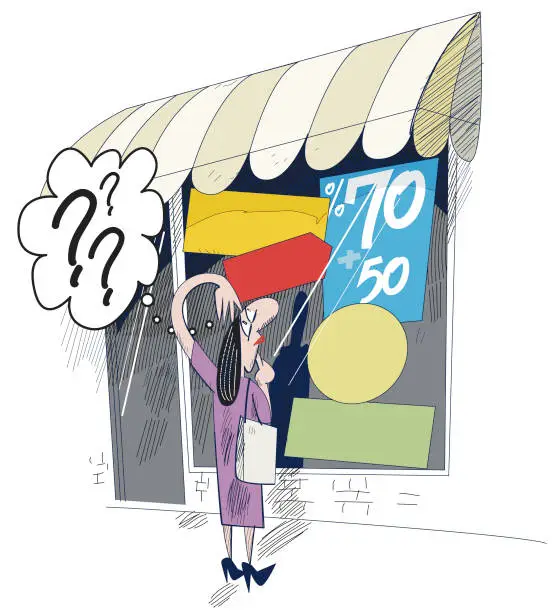 Vector illustration of female customer looks at a discount store window