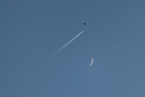 Clear sky with crescent moon.