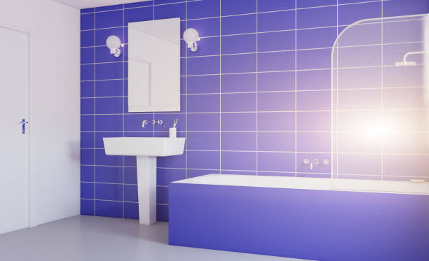 istock Freestanding bath with towels in grey modern bathroom. 3D rendering.. Sunset. 1864341579