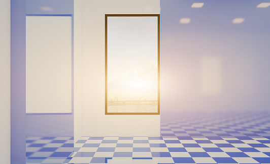Abstract  toilet and bathroom interior for background. 3D rendering.. Sunset.