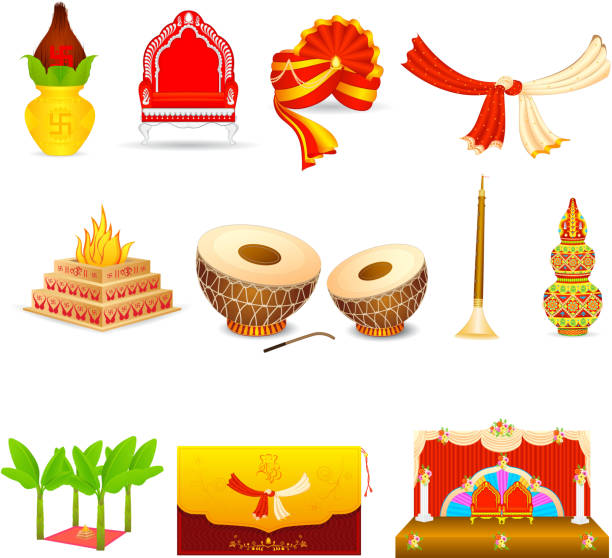 Set of icons depicting an Indian wedding vector illustration of Indian wedding object hinduism stock illustrations