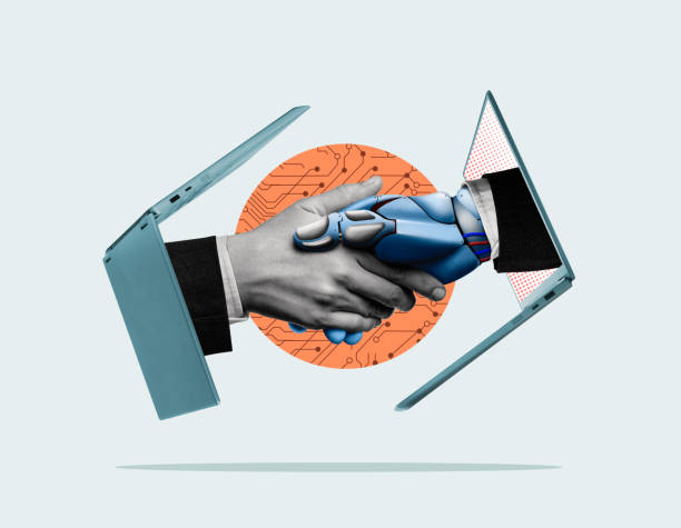 Artificial intelligence and robotics, concept. Handshake of man and robot. Modern technologies. Art collage. artificial photos stock pictures, royalty-free photos & images