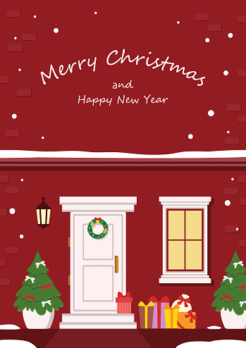 Christmas and New Year greeting card with decorated door. Vector illustration.