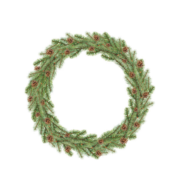 istock Watercolor illustration of a Christmas wreath from Christmas tree branches.Festive illustration 1864375618